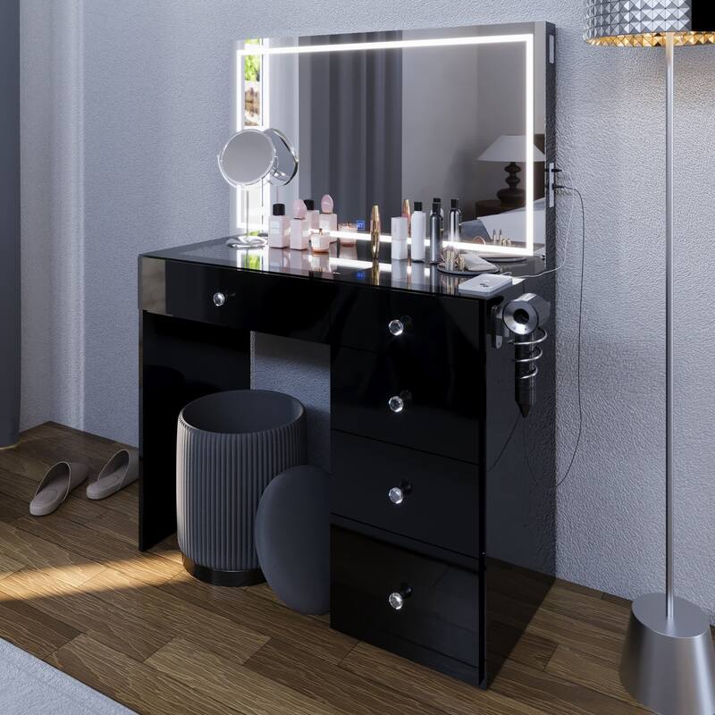 Boahaus Emilia Vanity Desk with Bluetooth Speakers & LED Mirror