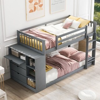 Twin over Twin Bunk Bed MDF Solid wood Kids Bed Built-in Ladder with ...