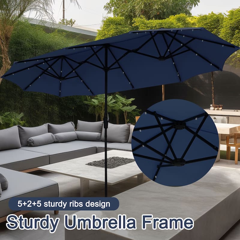 Ainfox 13ft Double-sided Patio Umbrella Solar LED Lighted Outdoor Martet Umbrella with Base