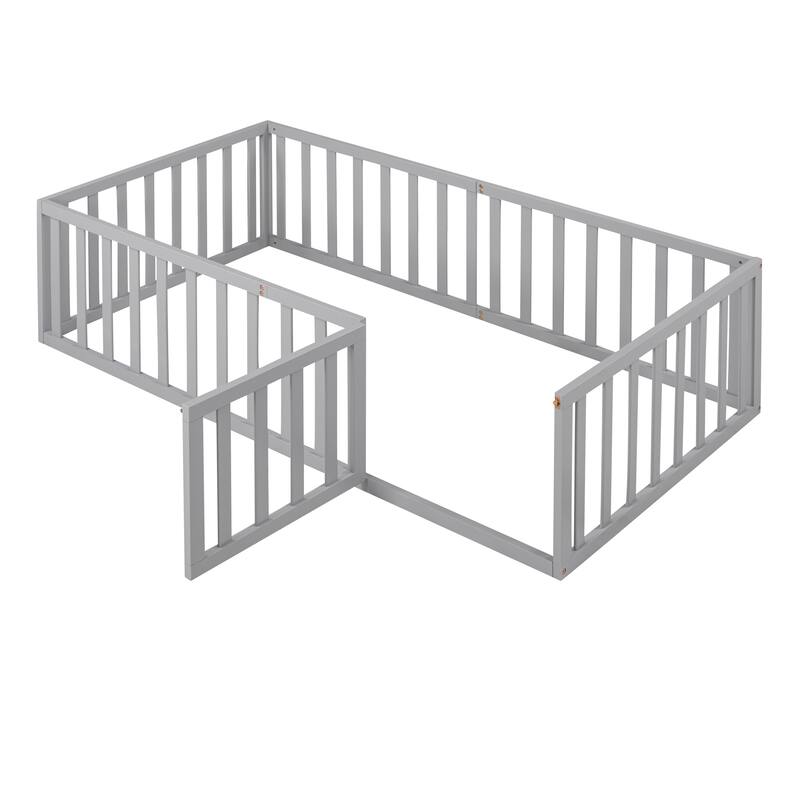 Versatile Wooden Floor Bed Frame without Slats, Solid Pinewood Kids Bed Frame with Fence and Door