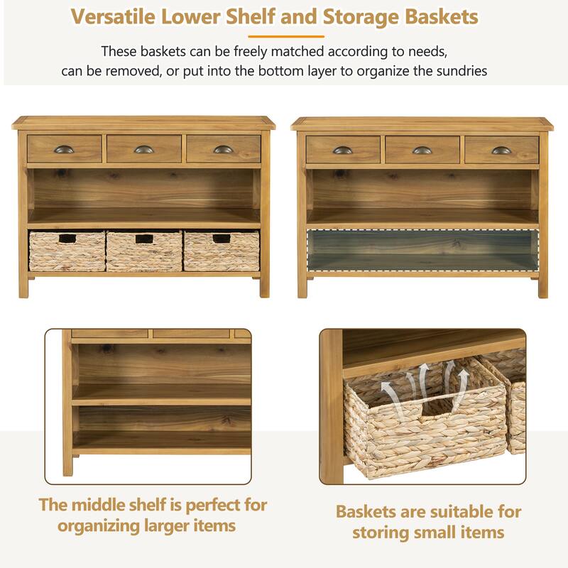 Console Table with 3 Storage Drawers, Entryway Table with 3 Water Hyacinth Woven Baskets, Sofa Table with Wooden Top