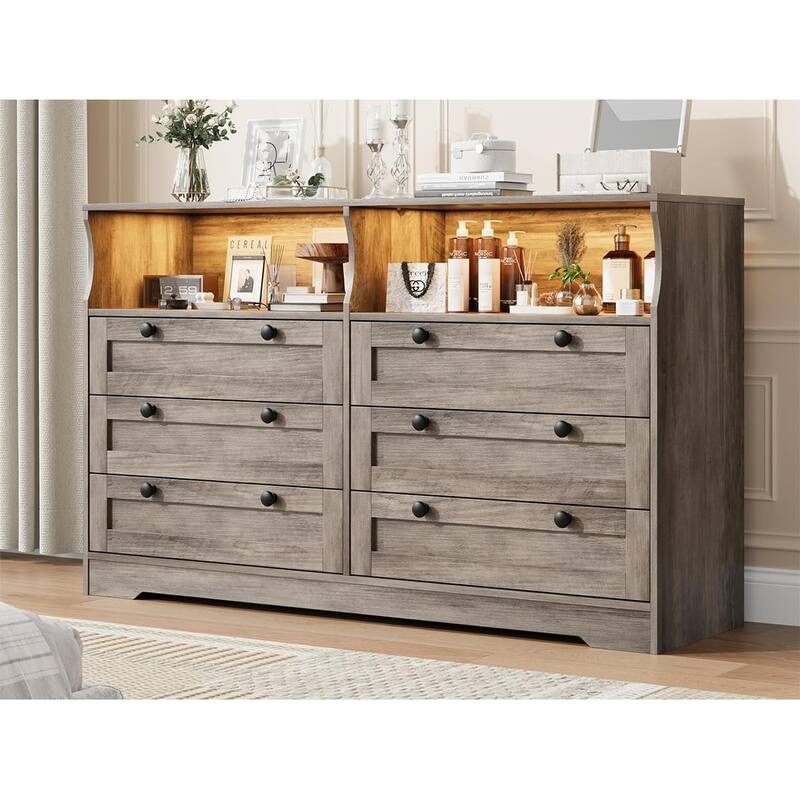 6 Drawer Dresser for Bedroom with Power Outlet and LED Light - Grey