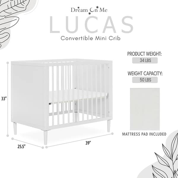 dimension image slide 1 of 3, Dream On Me Lucas Mini Modern Crib with Rounded Spindles in White