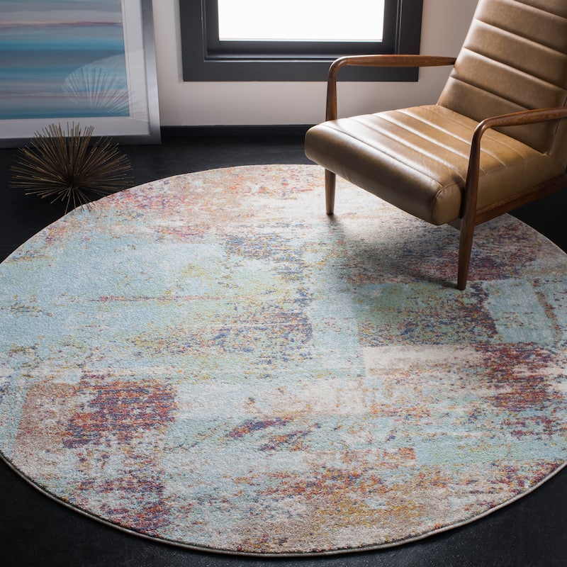 SAFAVIEH Prism Mursel Vintage Abstract Rug - 6'7" Round - Cream/Light Aqua