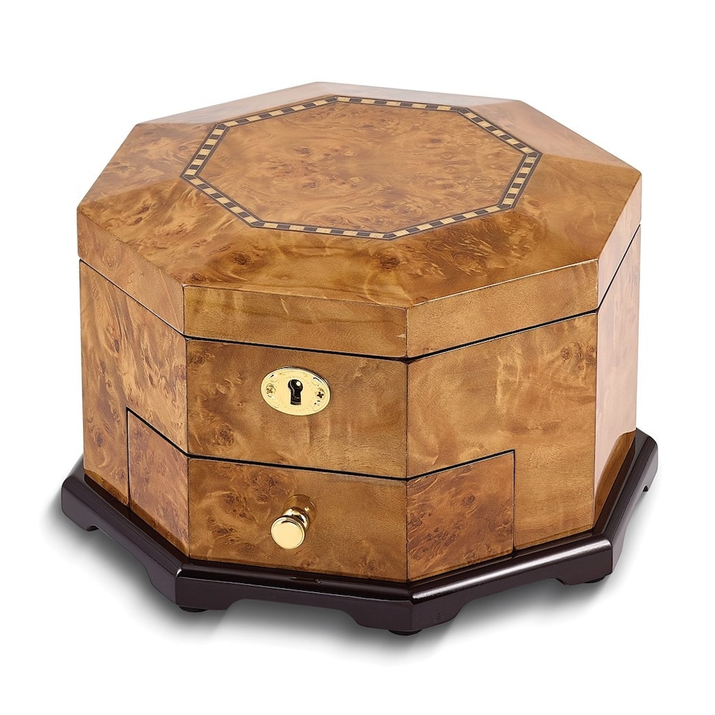 Curata High Gloss Rustic Burlwood Veneer W/Scrolled Inlay One Drawer Octagonal Locking Wooden Jewelry Box