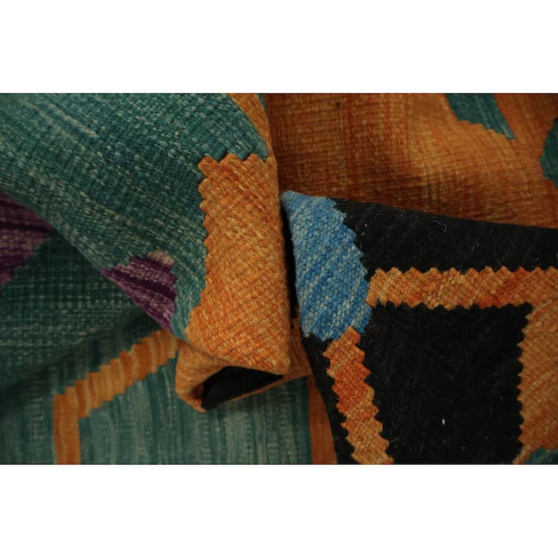 Hand Woven Oriental 100% Wool Carpet Southwestern Tribal Green Kilim Area Rug - 14' 10'' X 6' 9''