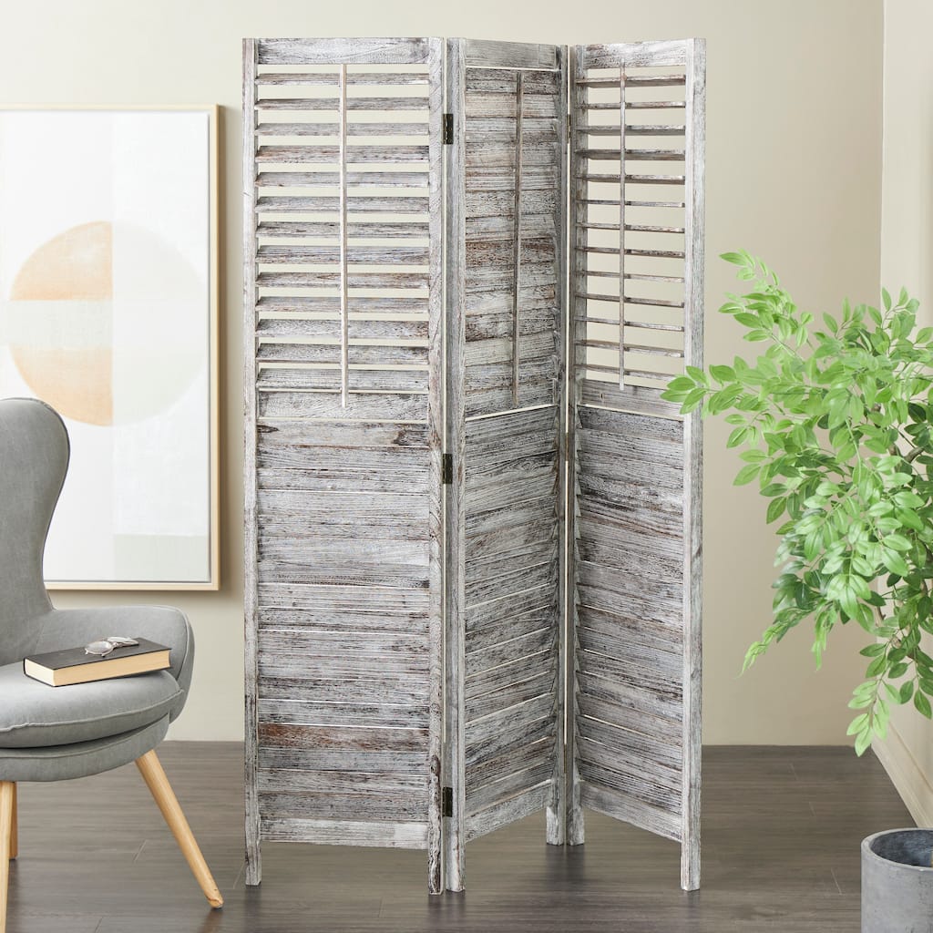 Gray Wood Distressed Shutter Top 3 Panel Partition Room Divider Screen with Brown Accents