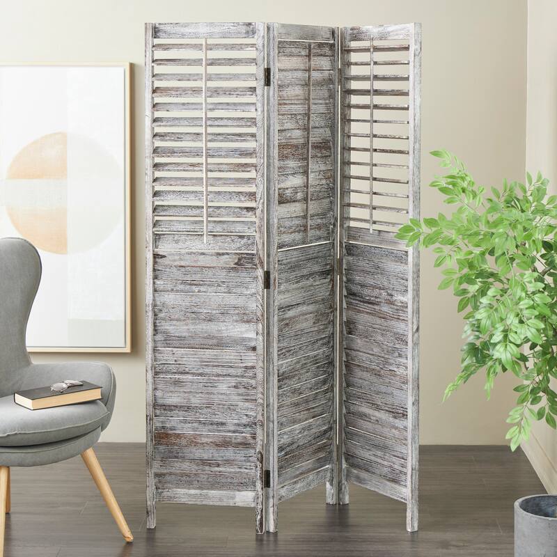 Gray Wood Distressed Shutter Top 3 Panel Partition Room Divider Screen with Brown Accents - Gray