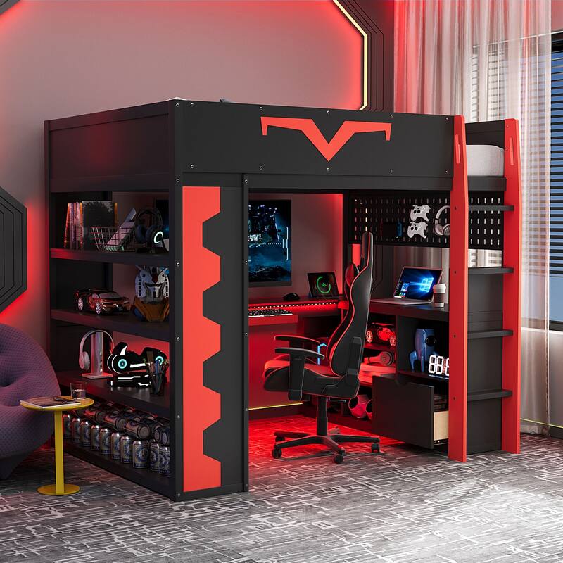 Full Size Gaming Loft Bed with Desk & RGB LED Lights, Pro-Gamer Setup with Pegboard, Keyboard Tray & Storage