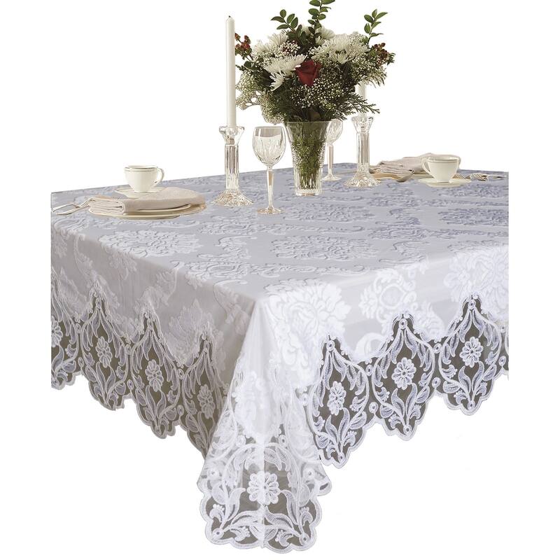 Violet Linen Deluxe Elegant Velvet Lace Sheer Floral Pattern Tablecloth - 70" X 108" - White