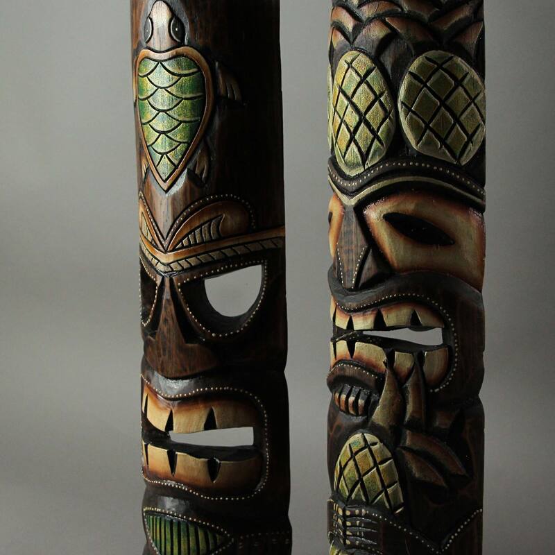 20 Inch Wood Tiki Wall Mask Pineapple And Sea Turtle ( Set Of 2)