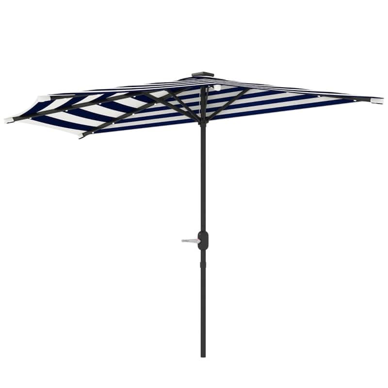 8.5’ Half Patio Umbrella with Solar Panel Lights and UPF 30+ Protection Hand Crank Air Vented Top - 8.5' L x 4.5' W x 7.6' H - Navy-Blue