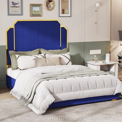 Gold+Blue Queen Size Upholstered Platform Bed with Golden Trim