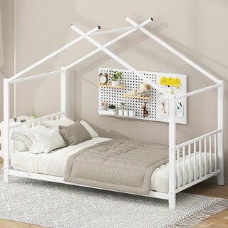 Twin Size Metal House Kids Bed Frame, Cute Montessori-Inspired Design for Bedroom, Easy Assembly, Safe and Sturdy, White