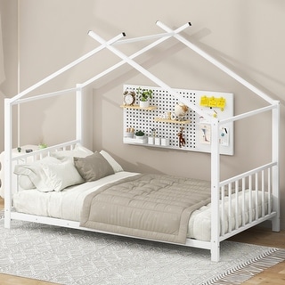 Twin Size Metal House Platform Bed with Roof Design, House Bed with Slats Support for Kids Teens