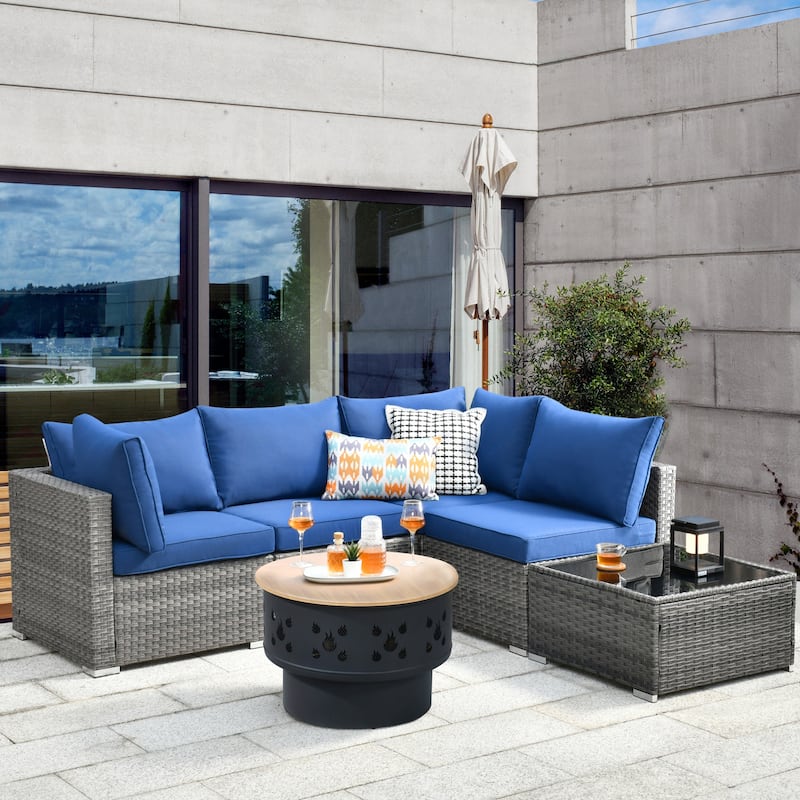 XIZZI 6-piece Outdoor Wicker Furniture Sectional Set with Wood Burning Firepit - Navy Blue