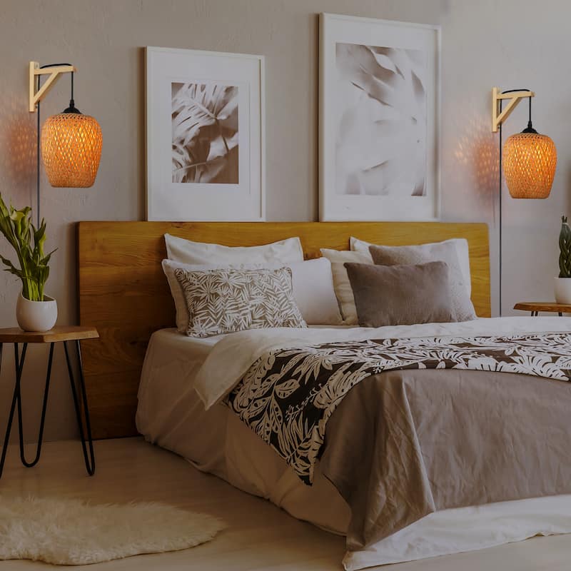 Modern Bamboo Plug in Wall Light Fixture with Switch - Farmhouse Hand Woven Rattan Drop-Shaped Wicker lampshade for Living Room