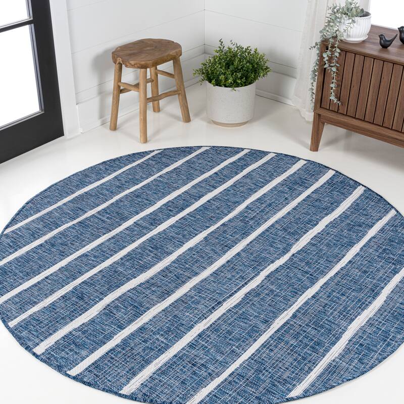 JONATHAN Y Andratx Berber Stripe Indoor/Outdoor Area Rug - 3' Round - Blue/Ivory