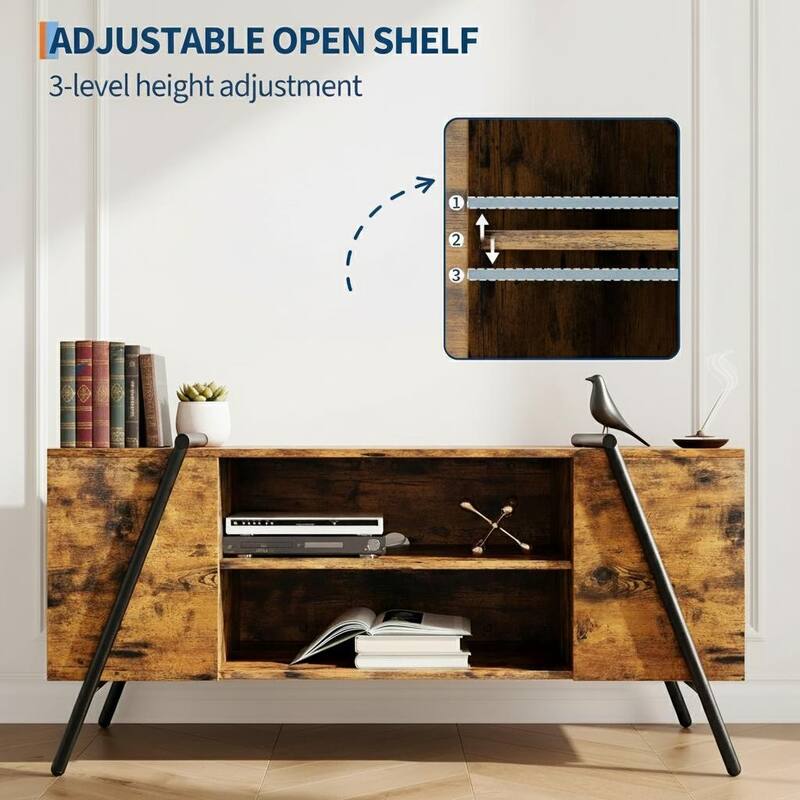 TV Stand, with Adjustable Open Shelves and Slanted Metal Legs