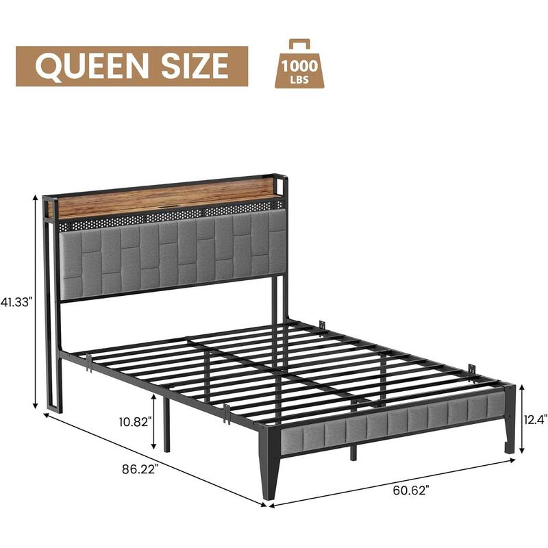 Gray Upholstered Bed Frame with LED Lights, Charging Station & Storage Headboard, No Box Spring Needed