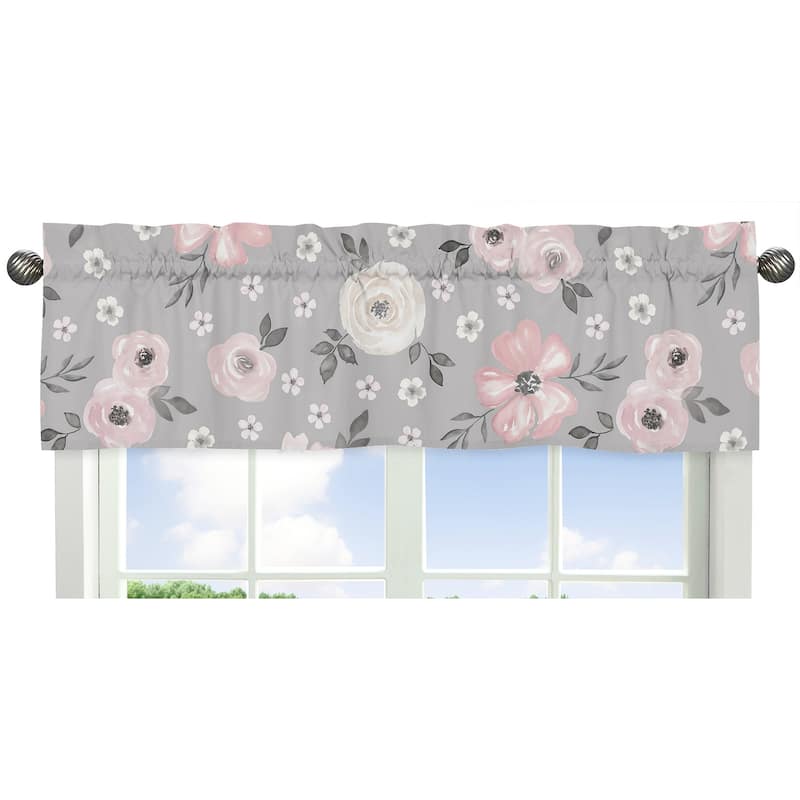 Grey Watercolor Floral Collection Window Curtain Valance - Blush Pink Gray and White Shabby Chic Rose Flower Farmhouse