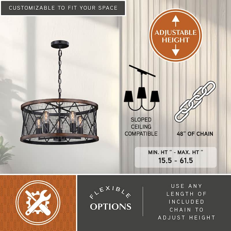 Bremerton 5 Light Black and Wood Cage Drum Chandelier - 20-in W x 11.5-in H x 20-in D