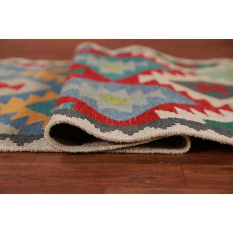 Hand Woven Oriental 100% Wool Carpet Southwestern All-Over Multi-Colored Kilim Runner Rug - 12' 10'' X 2' 9''