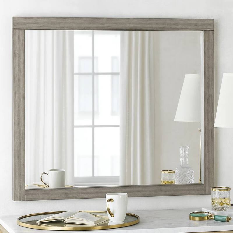 Deena 41 Inch Classic Accent Mirror, Wood Grain, Gray Finish