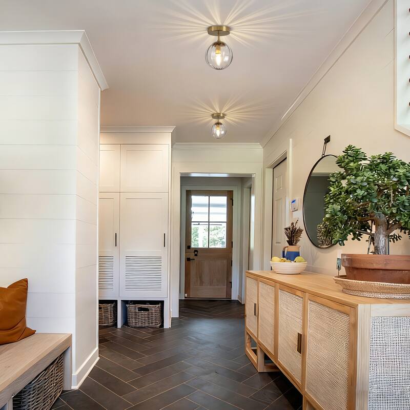 Modern Single Semi Flush Ceiling Light with Metal Base & Ribbed Gray Glass Globe Shade