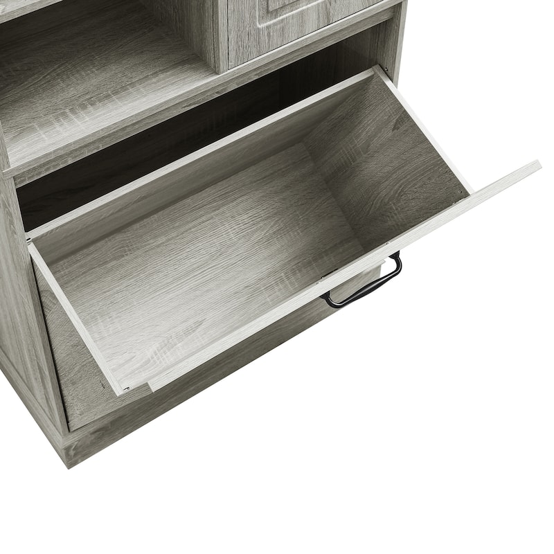 Free Standing Tall Storage Cabinet Floor Cabinet for Bathroom with Adjustable Shelves, Large Flip-Out Basket & Enclosed Cabinets
