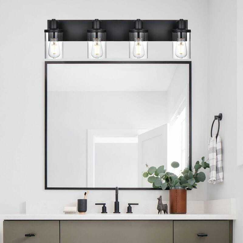 Rustic Wall Light Fixture in Matte Black Finish, 4 Light Bathroom Vanity Lighting with Clear Glass Shade
