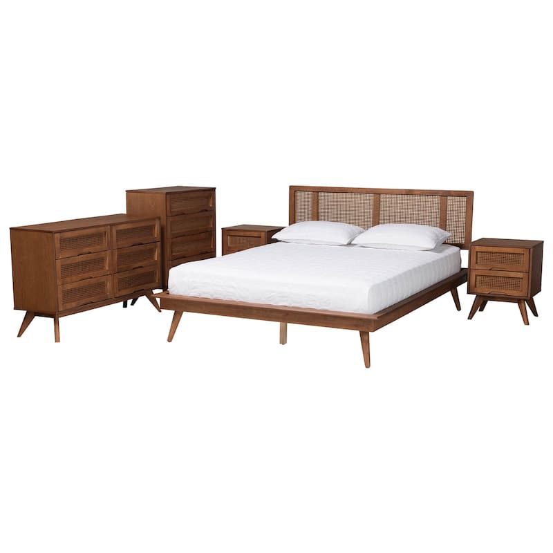 Nura Mid-Century Modern Walnut Brown Finished Wood and Rattan 3-Piece/4-Piece/5-Piece Bedroom Set (Multiple Bed Sizes) - Queen - 5 Piece