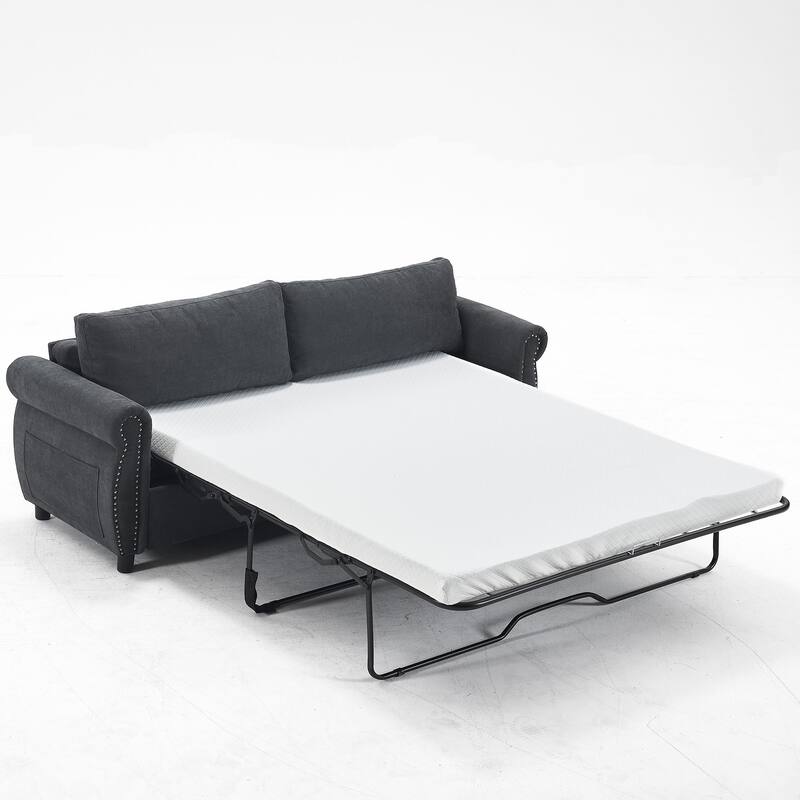 63" Polyester 3-Seater Sleeper Sofa with Pull-Out Mattress and Retro Rivet Armrests