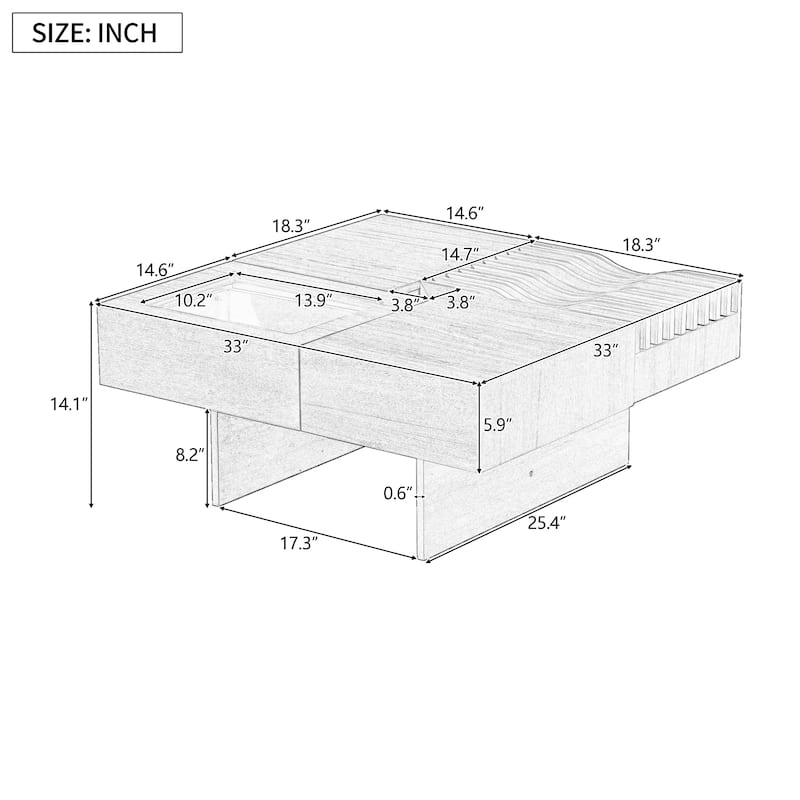33'' Mid-Century Modern Square Coffee Table with 3 Drawers, Tempered Glass Top, Solid Wood Legs for Living Room