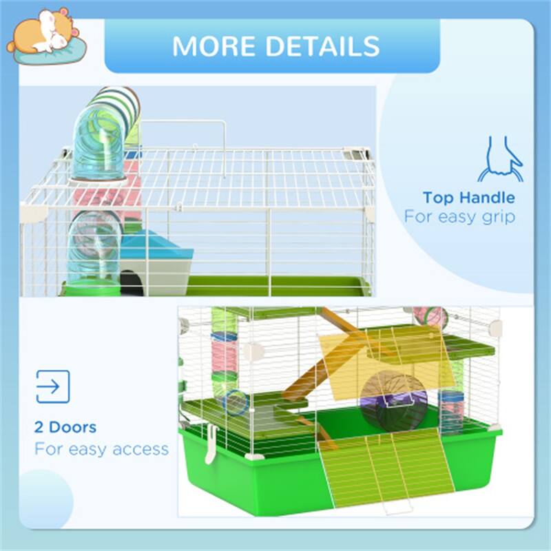 Green-White Steel Hamster Cage with 5 Tiers, Tubes and Accessories - 23.25" L x 14.25" W x 27.25" H