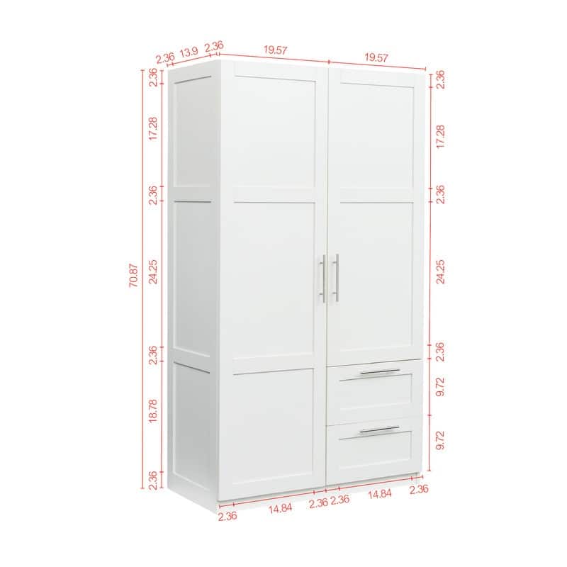 Traditional wooden wardrobe 2 door locker with 2 drawers, adjustable shelves and adult hanging rods, metal handles
