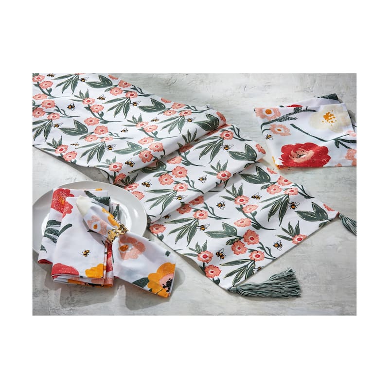 Bee Blossom Cotton Napkins Set of 4 - Multicolor Kitchen Textiles, 20" x 20" - Summer Floral Design, Machine Washable - 20 x 20