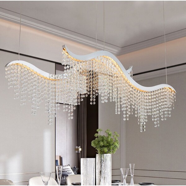 36.2 inch Modern Wave Crystal Chandelier Chrome Finish Adjustable Height LED Light 36LL Chrome Transparent