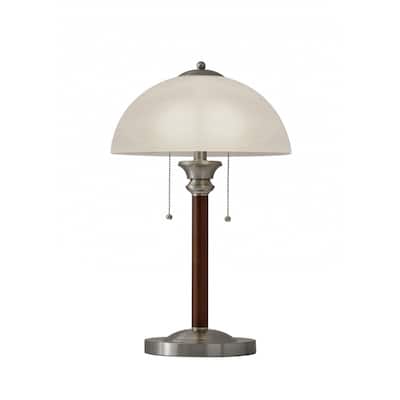 Brown Walnut Wood and Silver Metal Table Lamp with White Glass Dome Shade - 13.5” x 13.5” x 22.5” (D x W x H)