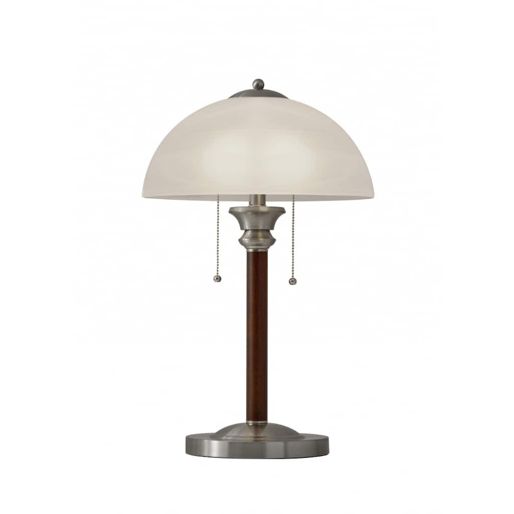 Brown Walnut Wood and Silver Metal Table Lamp with White Glass Dome Shade - 13.5” x 13.5” x 22.5” (D x W x H)