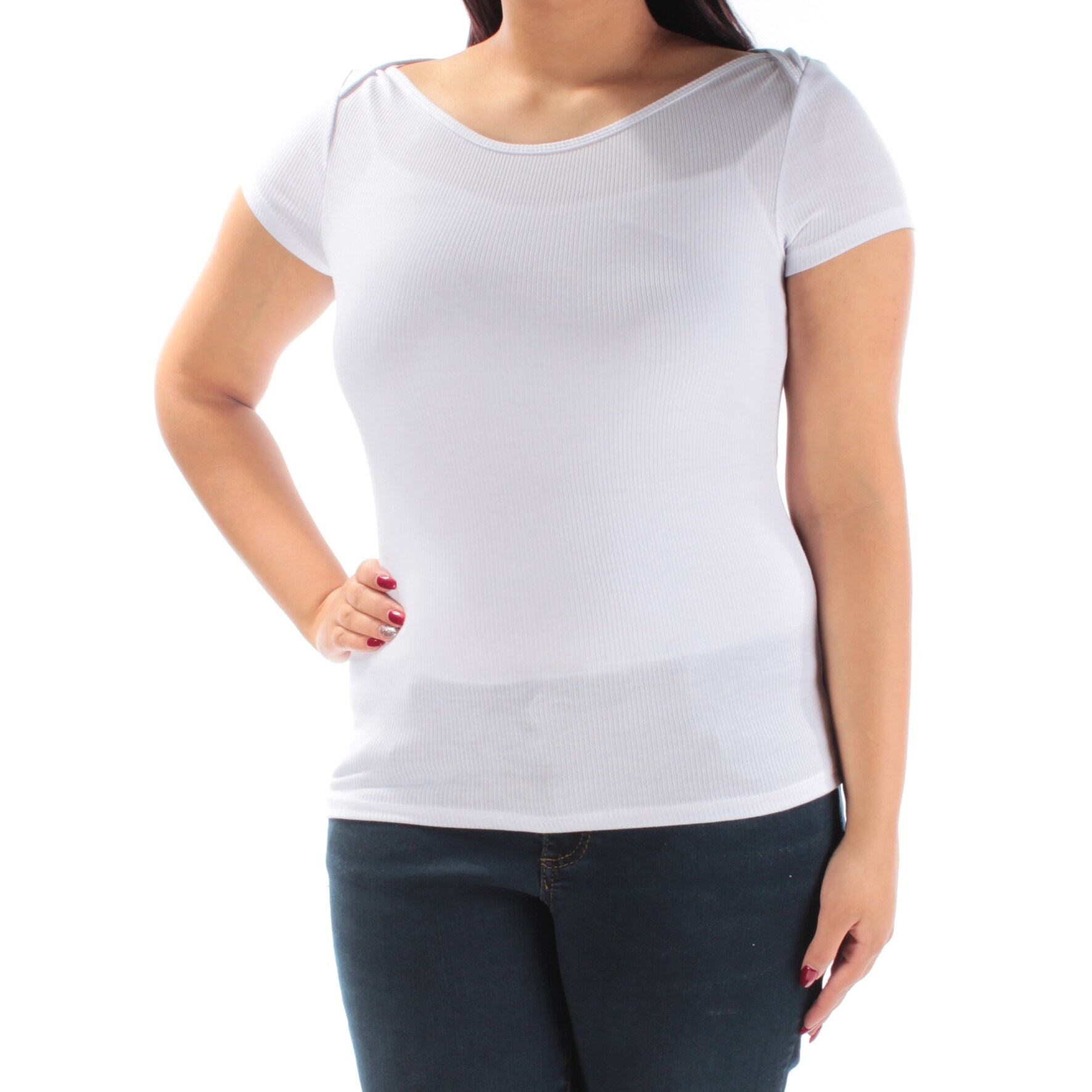 Shop Polly Esther Womens White Short Sleeve Jewel Neck Top