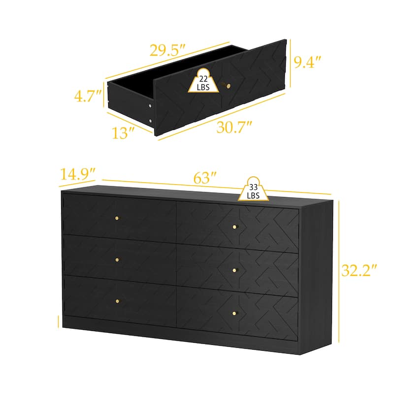 Large 6 Drawer Dresser Wooden Chest of Drawers with Gold Metal Handles