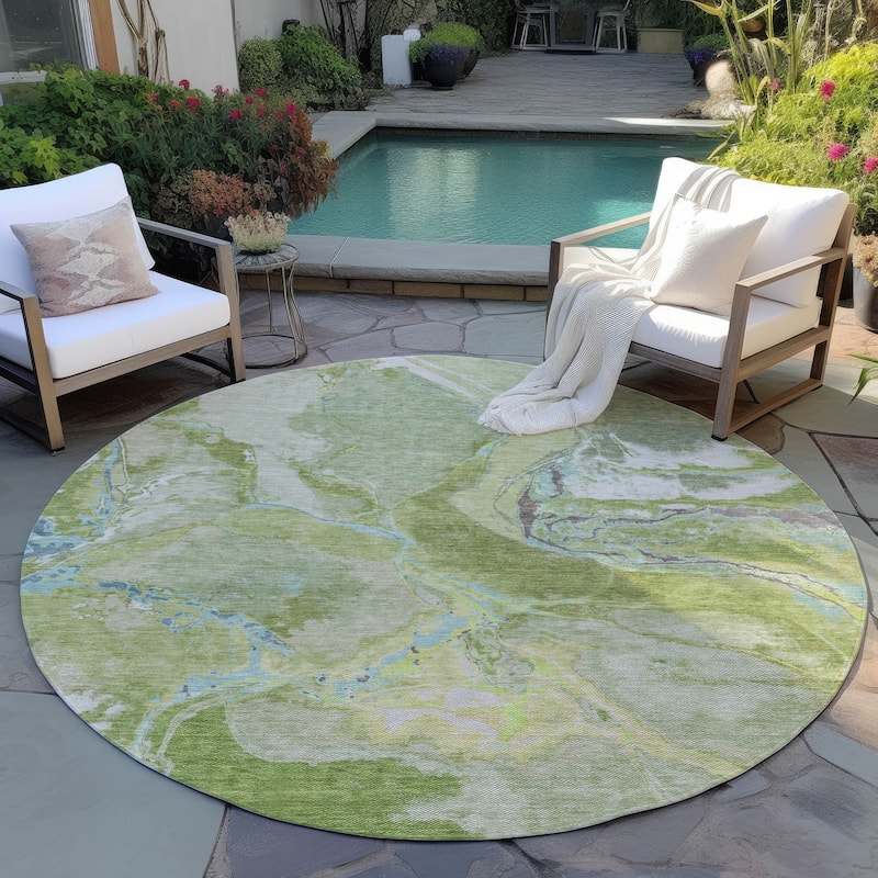 Machine Washable Indoor/ Outdoor Modern Abstract Chantille Rug - Green - 8' x 8'