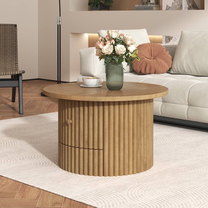 Round Coffee Table for Living Room in Natural, Farmhouse Coffee Table with a Drawer, Center Table with Vertical Slat Ba