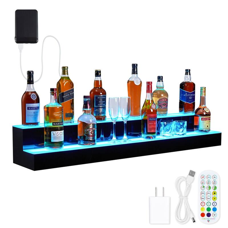 2-Step Lighted Liquor Bottle Display Shelf with Remote APP Control - 48"