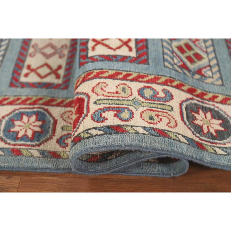 Blue Geometric Kazak Runner Rug Hand-Knotted Traditional Wool Carpet - 3'4" x 16'4"