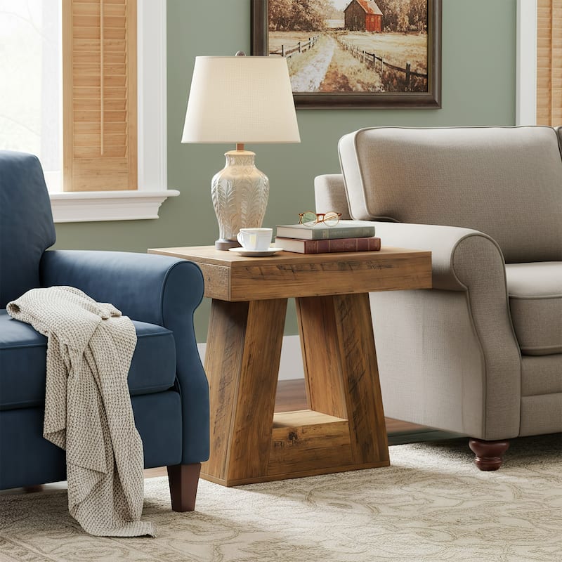 24" Modern Side Table, 2-Tier Narrow End Table with Trapezoid Base