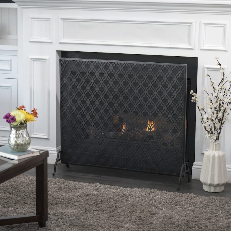 Roomfitters Modern Geometric Fireplace Screen, Single-Panel Design with Stylish Circle Patterns and Durable Mesh - Black-Interwoven