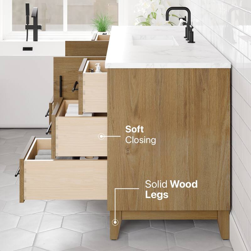 Graham 60"W Oak SS Bath Vanity with WH Arabescato Engineered Stone Top