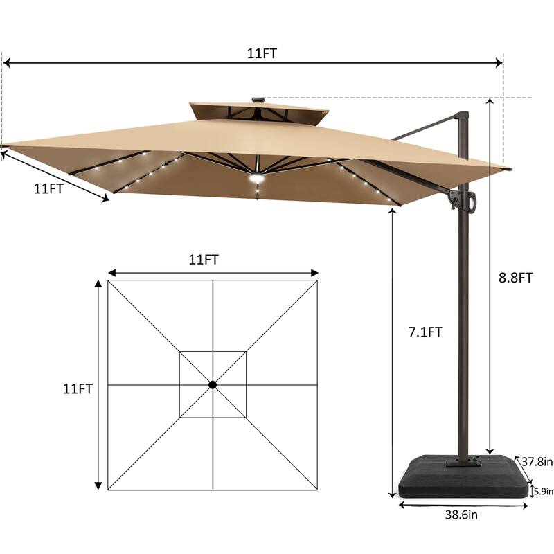 11 FT Square Outdoor Patio Cantilever Umbrella with Solar Lights 4-Piece Premium Base Double Canopy 360 Rotation Tilt